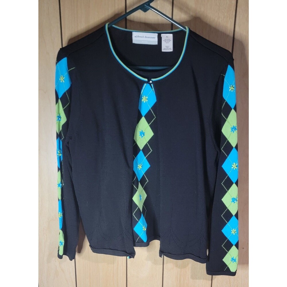 Alfred Dunner Womens PL Mock 2 Piece Sweater Black Blue Diamond Print Academia